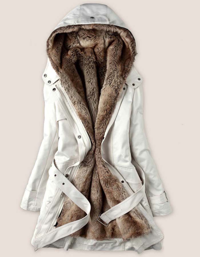 Fashion White Color Faux Fur Lined Coat on Luulla