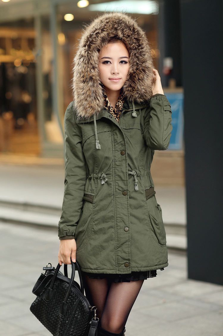 Green Womens Winter Coats Faux Fur Lining Parka With Fur Hood on ...